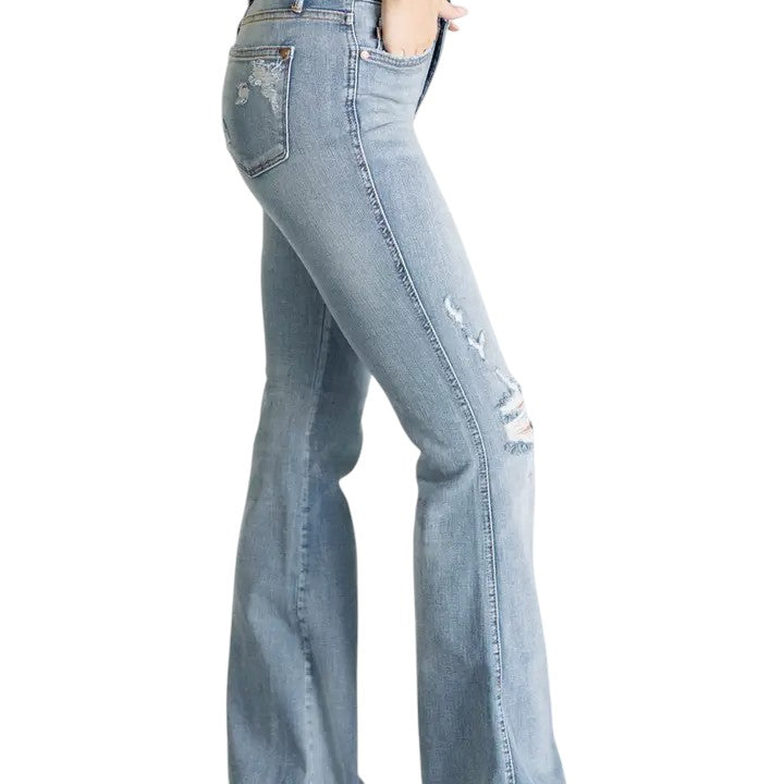 Judy Blue - Mid Rise Control Top Distressed Flare Jeans - J&W Sports Apparel