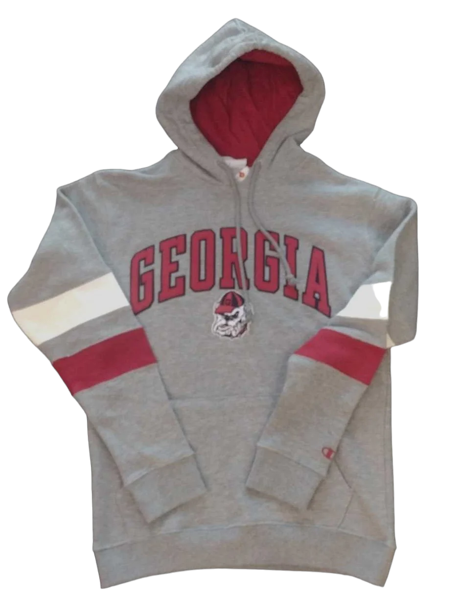 GEORGIA BULLDOGS -UGA CHAMPION STRIPE SLEEVE HOODIE - GRAY WITH LOGO BULLDOG HEAD - J&W Sports Apparel