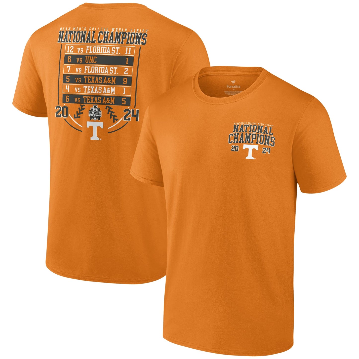 Tennessee Volunteers Fanatics 2024 NCAA Men's Baseball College World Series Champions Schedule T-Shirt - Tennessee Orange - J&W Sports Apparel