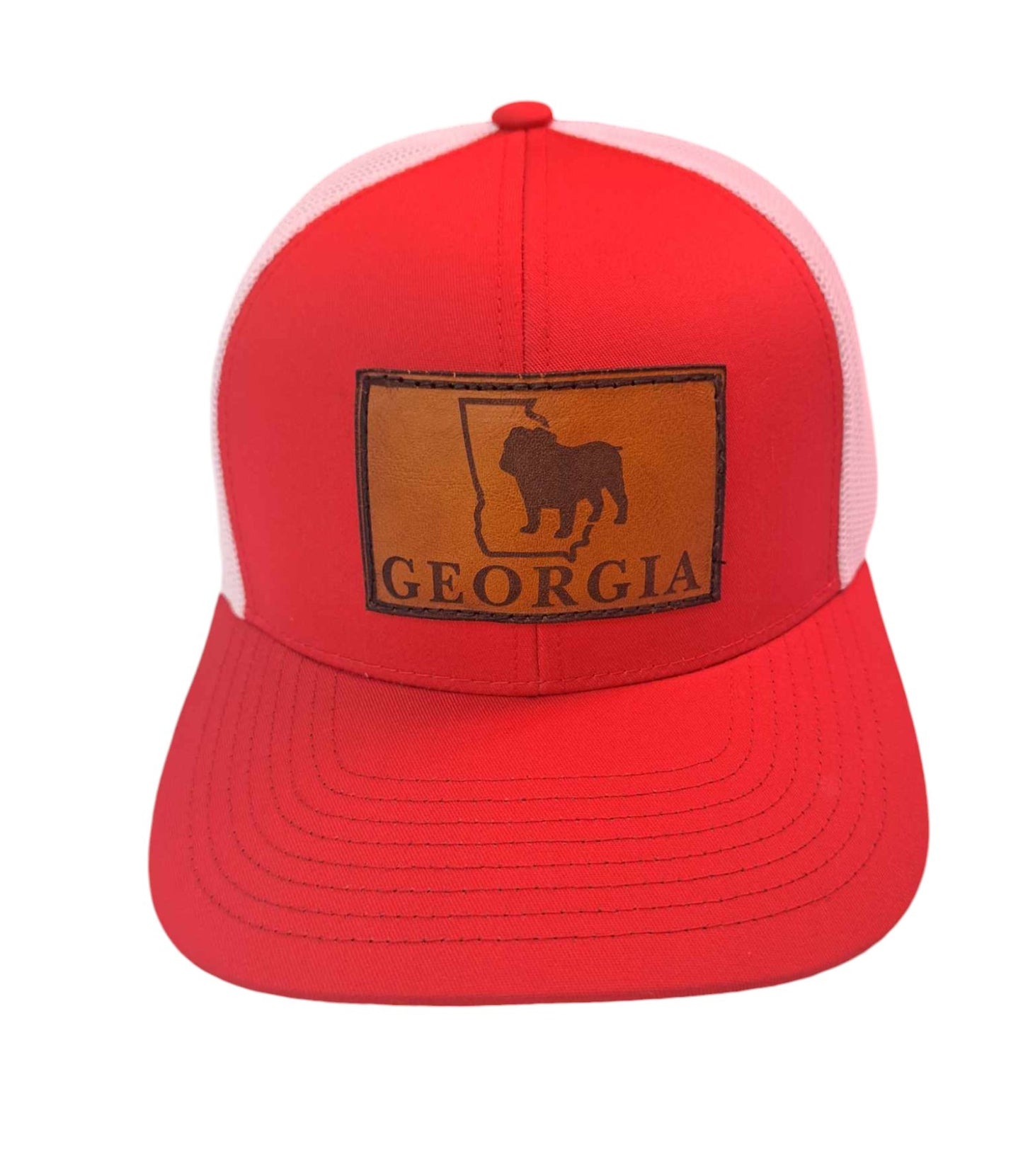 Georgia Bulldogs Laser Engraved Leather Patch Red Trucker Hat - J&W Sports Apparel