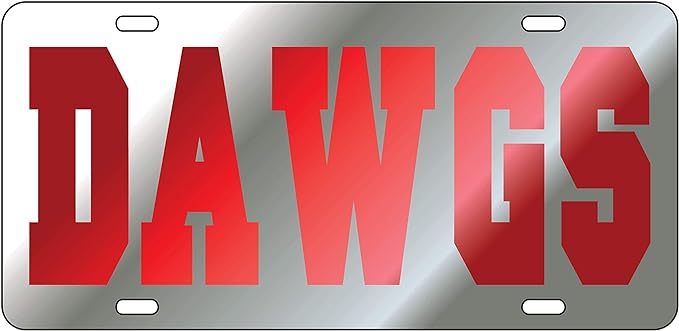 Georgia Bulldogs Mirror Laser License Plate Tag Silver Background, Mirror Red - "DAWGS" - J&W Sports Apparel