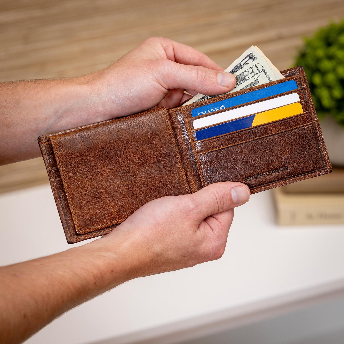 Georgia Bulldogs- Embossed 100% Genuine Tumbled Leather Passcase Bi-Fold Wallet, Brown - J&W Sports Apparel