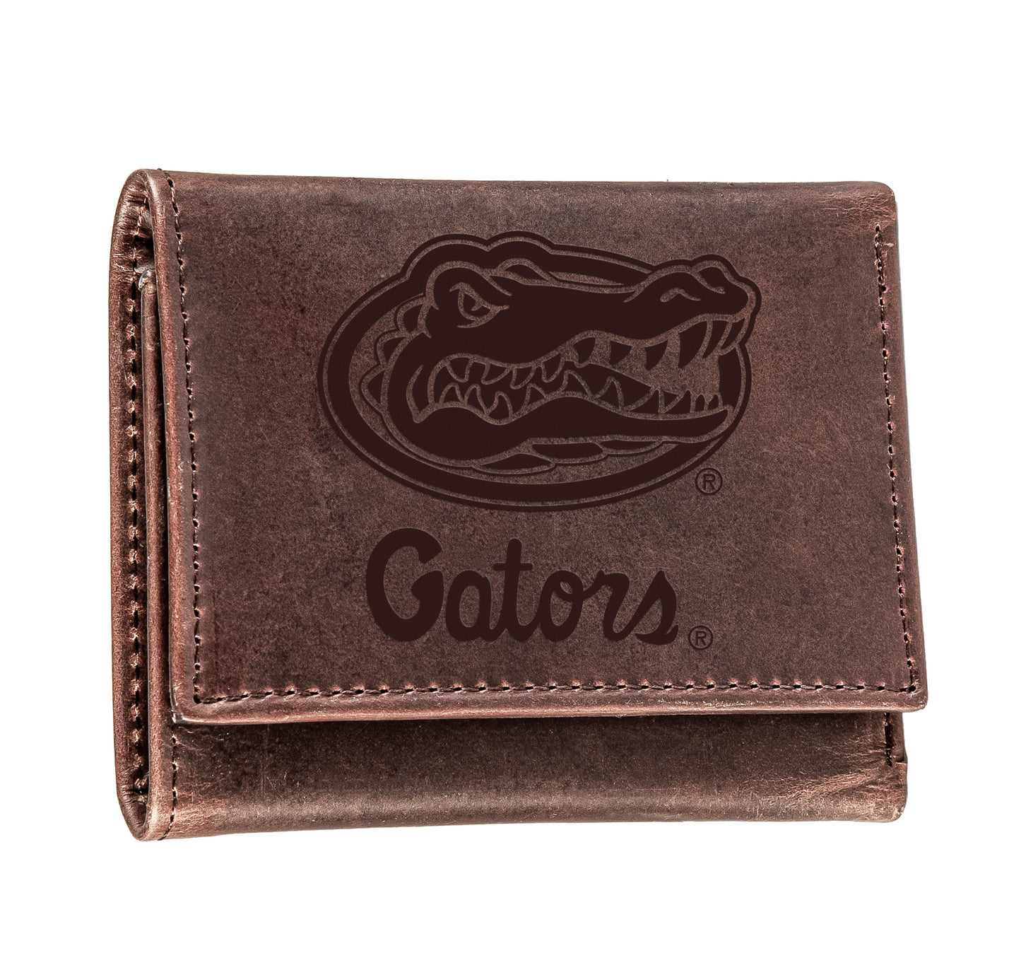 Florida Gators -Tri-Fold Wallet, Brown, CH, 100% Genuine Leather - J&W Sports Apparel