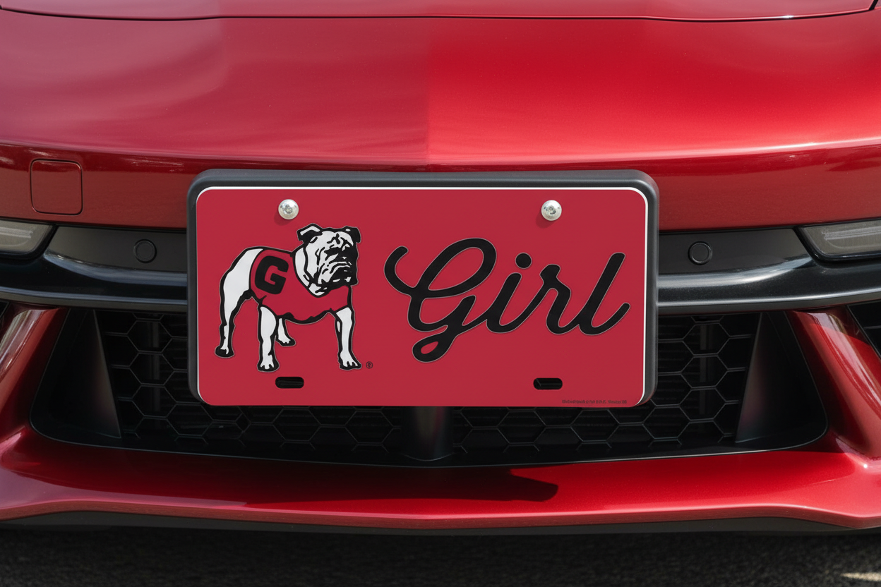 GEORGIA BULLDOGS SPECIALTY ACRYLIC LICENSE PLATE STANDING DOG GIRL TAG