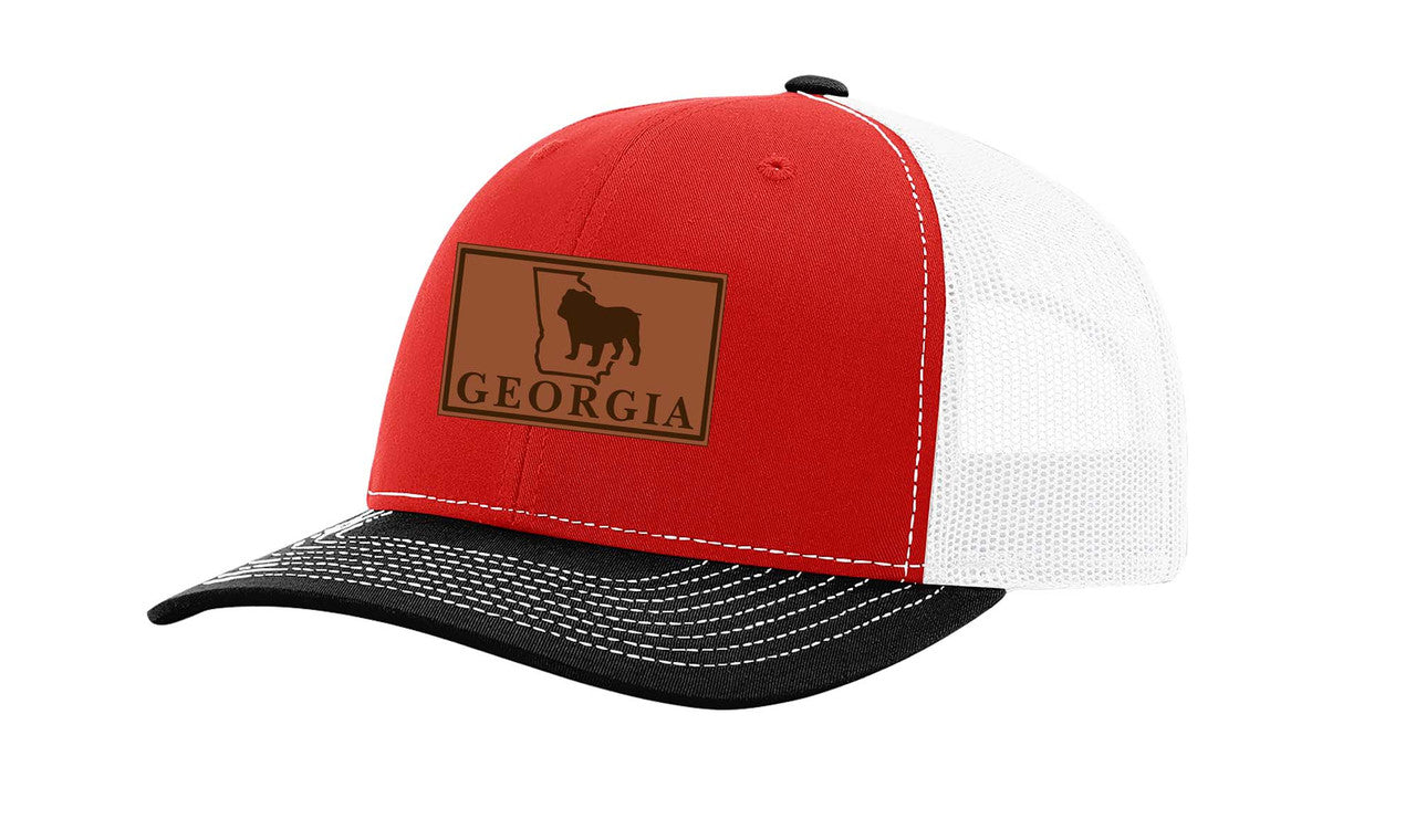 Georgia Football Bulldog Red Laser Engraved Leather Patch Trucker Hat