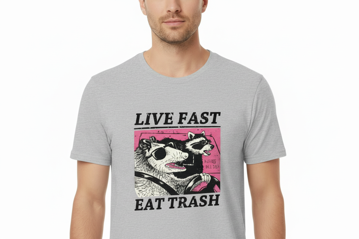 Live Fast Eat Trash Raccoon Music Meme T-Shirt - Heather Gray