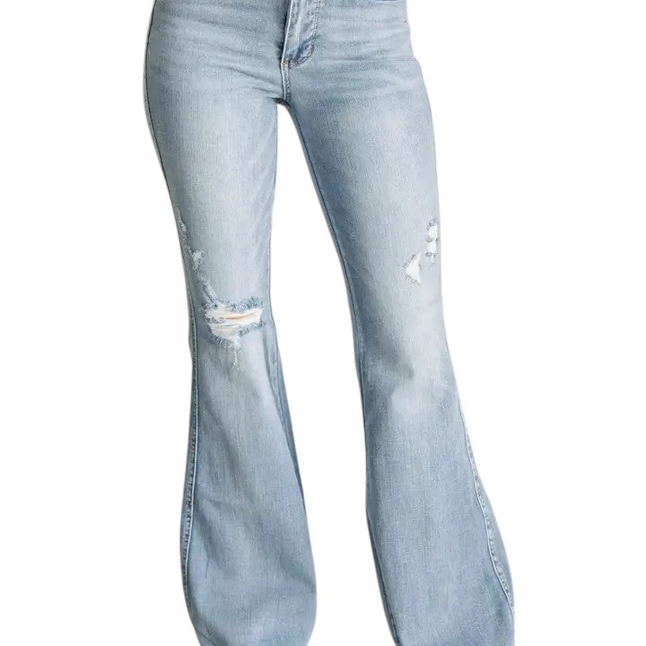 Judy Blue - Mid Rise Control Top Distressed Flare Jeans - J&W Sports Apparel
