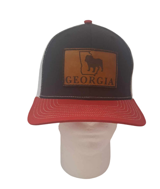 Georgia Bulldogs  Red Black White Laser Engraved Leather Patch Trucker Hat