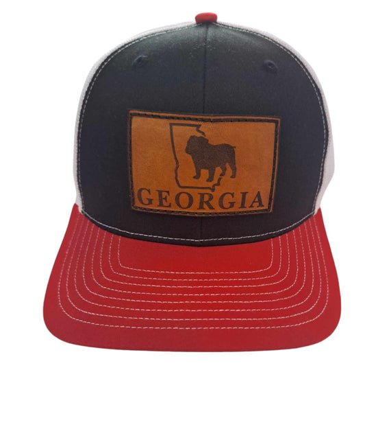 Georgia Bulldogs  Red Black White Laser Engraved Leather Patch Trucker Hat