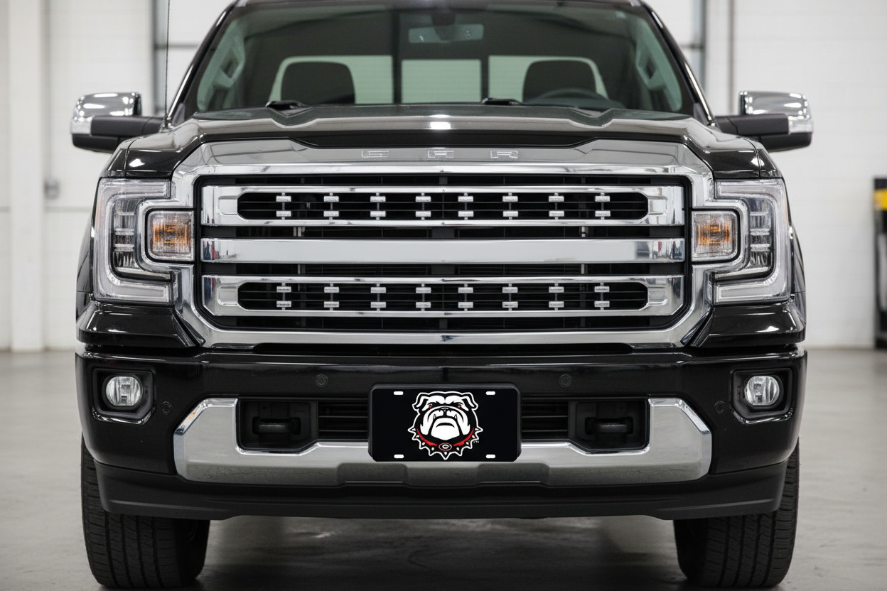 Georgia Bulldogs New Bulldog Logo Mirror Laser License Plate Tag - Black Background