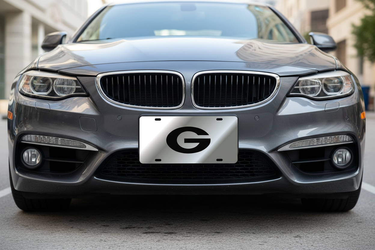 Georgia Bulldogs Mirror Laser License Plate Tag Sliver Background, Black - "G" Logo