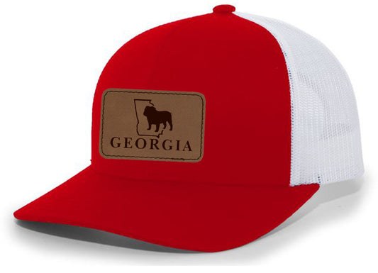 Georgia Bulldogs  Laser Engraved Leather Patch Red Trucker Hat