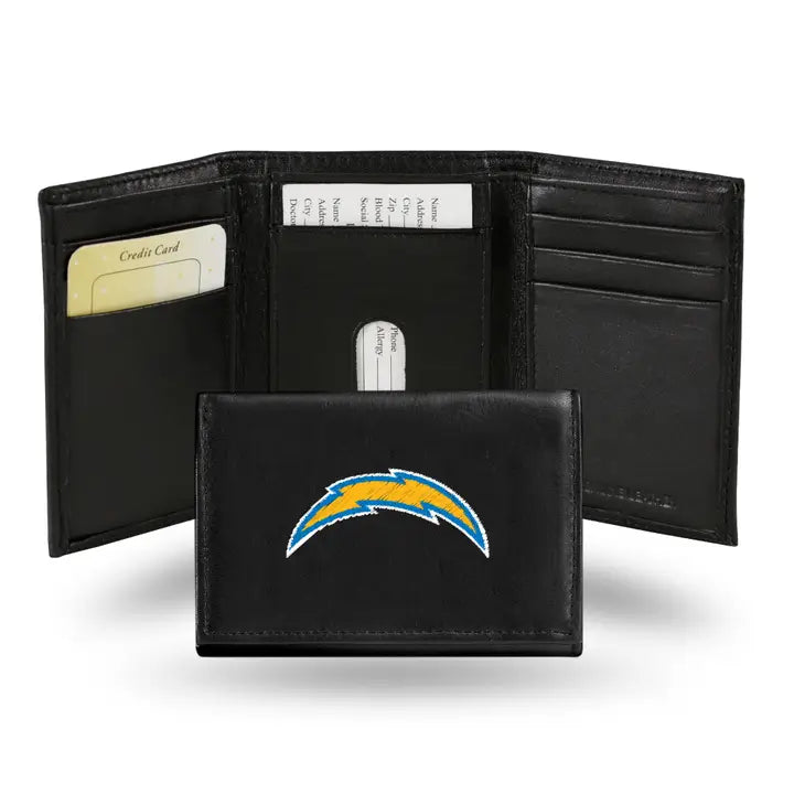 Los Angeles Chargers - Black Embroidered Leather Tri-Fold Wallet - J&W Sports Apparel