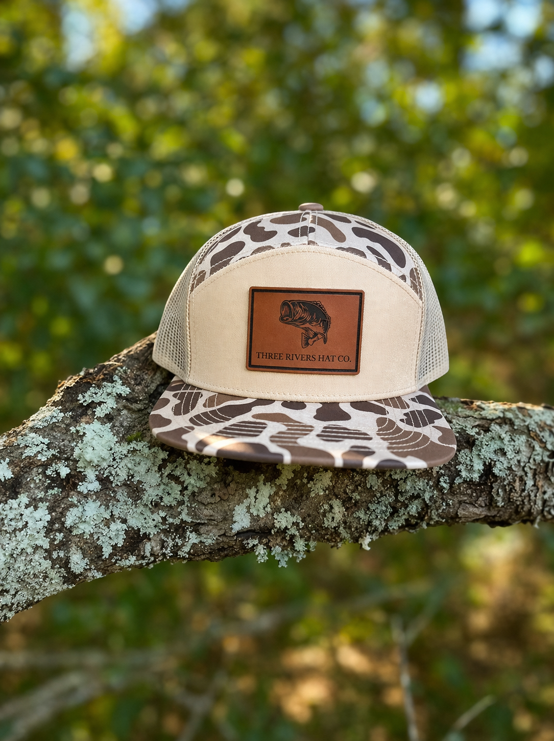 Three Rivers Hat Co. - Bass Silhouette- “Old’S Cool” Camo Flatbill Snapback - Lost Hat Co.