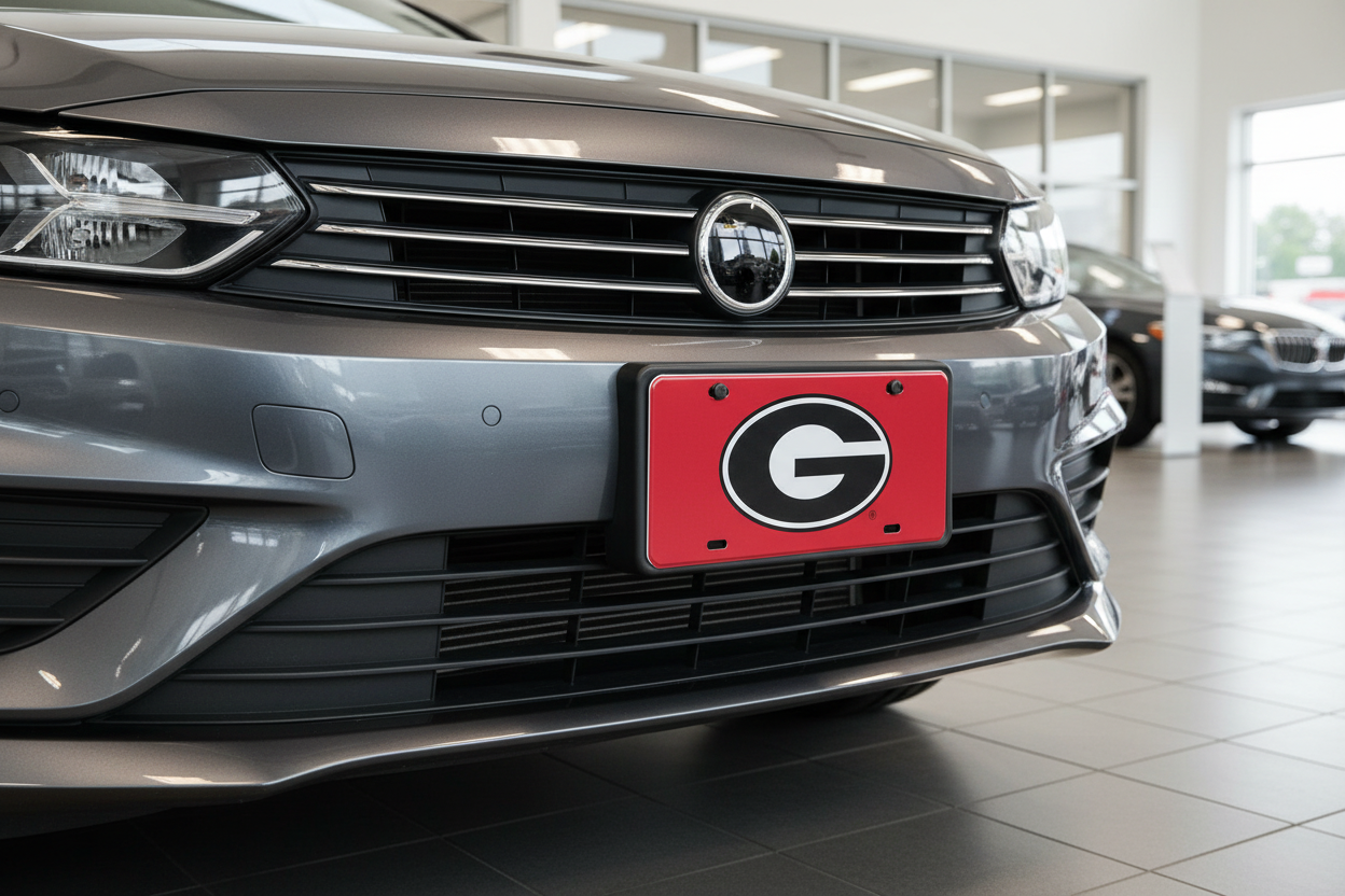 Georgia Bulldogs Light Red Car Tag With CHROME Black Logo "G"