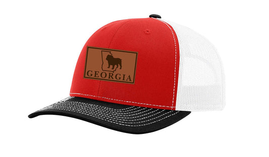 It's All About the South Georgia Football Bulldog Red Laser Engraved Leather Patch Trucker Hat