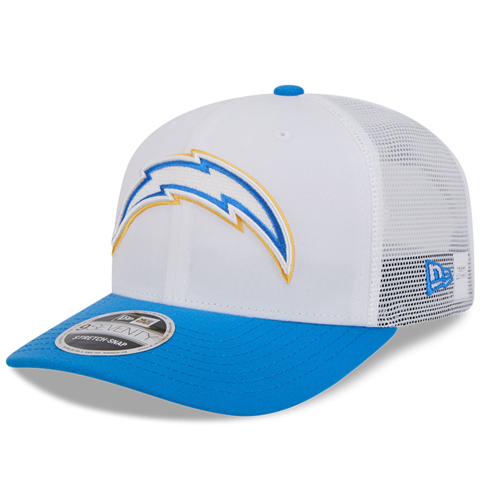 Los Angeles Chargers New Era 2024 NFL Training Camp Throwback 9SEVENTY Trucker Hat White/Powder Blue