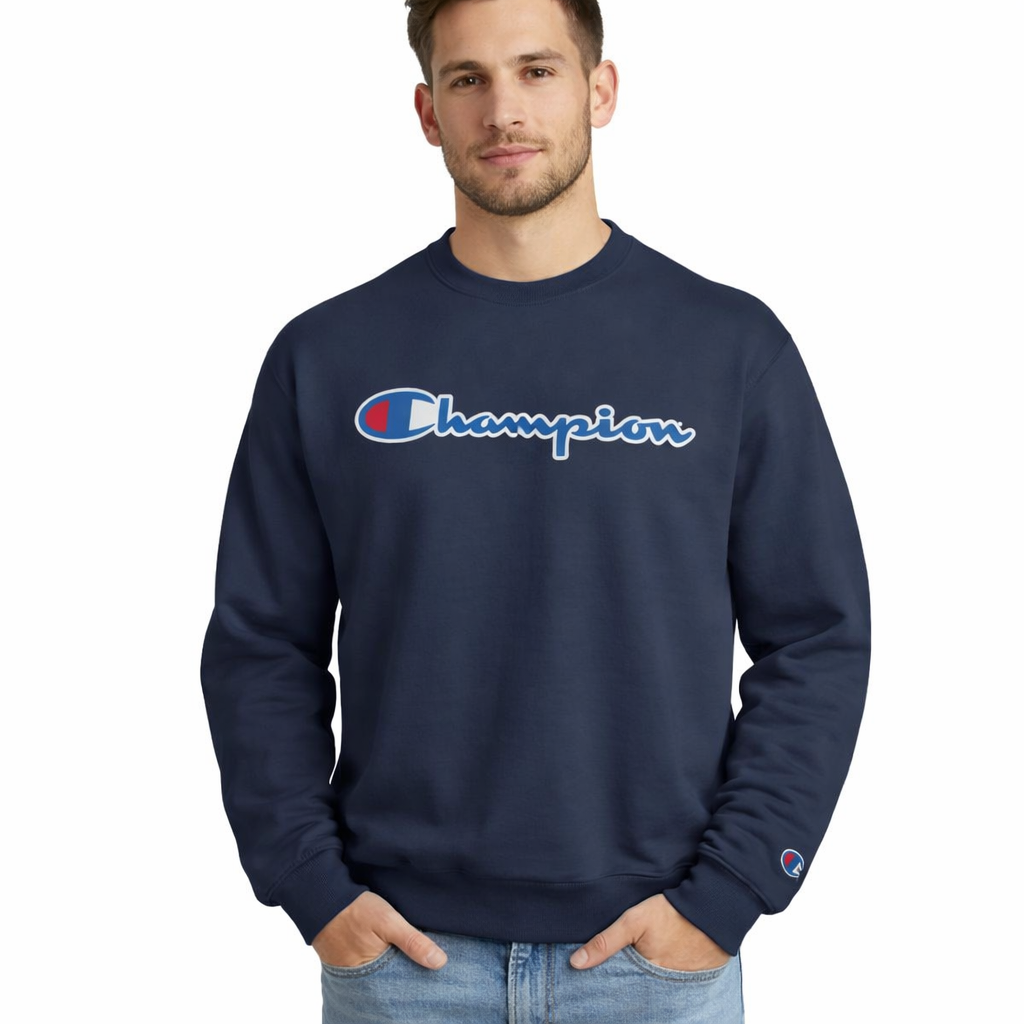 Champion Powerblend Crewneck Sweatshirt, Classic Script Logo- Marine Navy