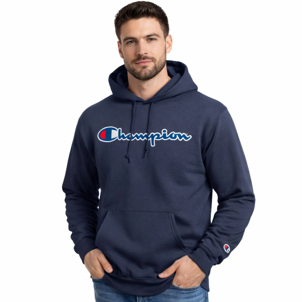 Champion Powerblend Hoodie, Full Script Logo- Marine Navy