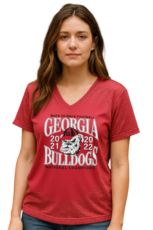 Georgia Bulldogs Women's V-Neck Back to Back National Champs Shirt