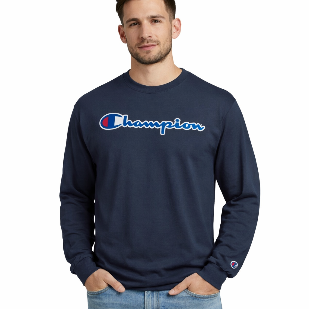 Champion Classic Graphic Long-Sleeve T-Shirt, Script Logo- Marine Navy