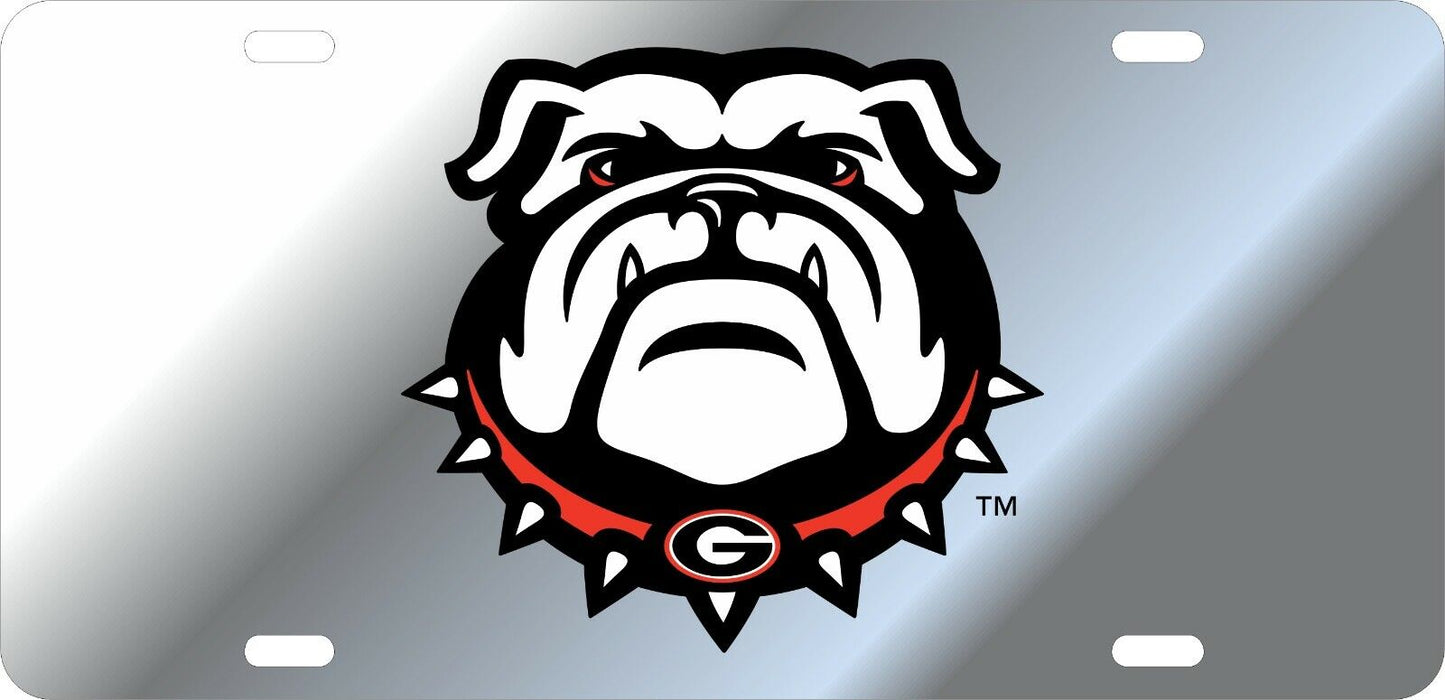 GEORGIA BULLDOGS MIRROR ACRYLIC CAR TAG SILVER W/ NEW BULLDOG HEAD LOGO LASER