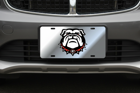 GEORGIA BULLDOGS MIRROR ACRYLIC CAR TAG SILVER With NEW BULLDOG HEAD LOGO LASER