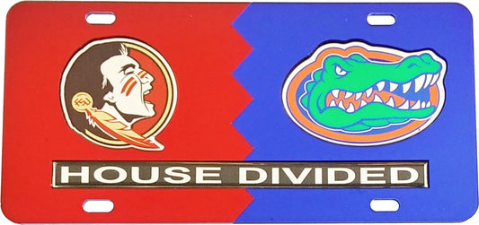 Florida State (FSU) + Florida Gators  House Divided Split License Plate Tag [Red/Blue Car Tag