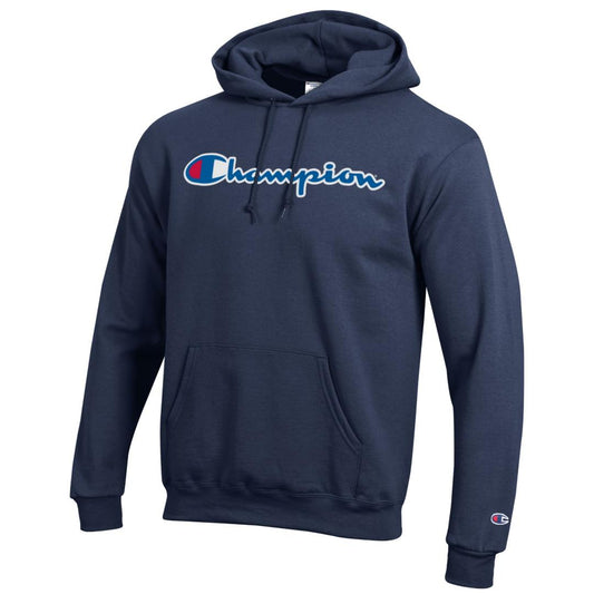 Champion Powerblend Hoodie, Full Script Logo- Marine Navy