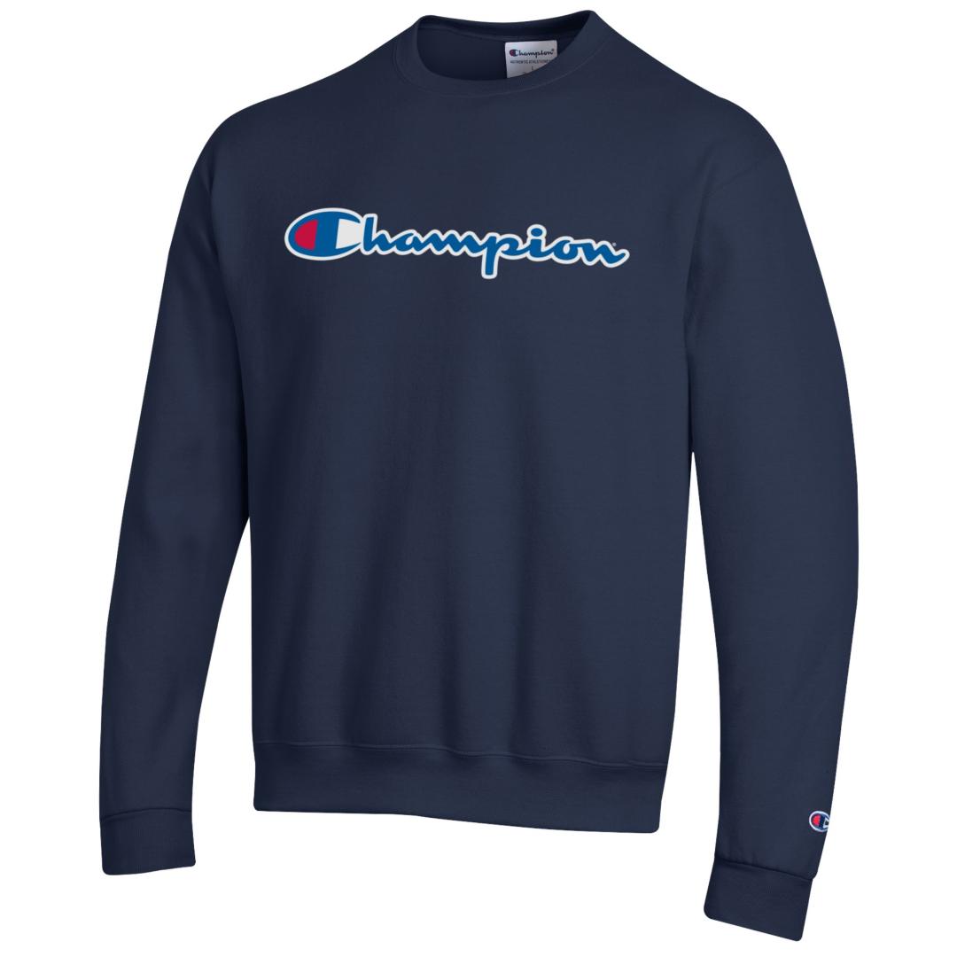 Champion Powerblend Crewneck Sweatshirt, Classic Script Logo- Marine Navy