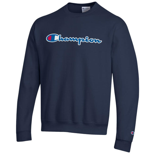 Champion Powerblend Crewneck Sweatshirt, Classic Script Logo- Marine Navy