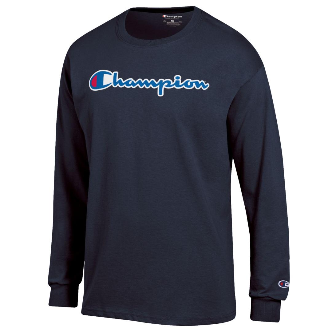 Champion Classic Graphic Long-Sleeve T-Shirt, Script Logo- Marine Navy